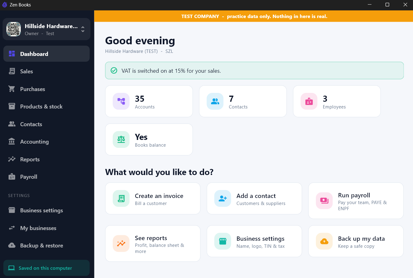The Zen Books dashboard showing accounts, contacts, employees and quick actions for creating an invoice or running payroll